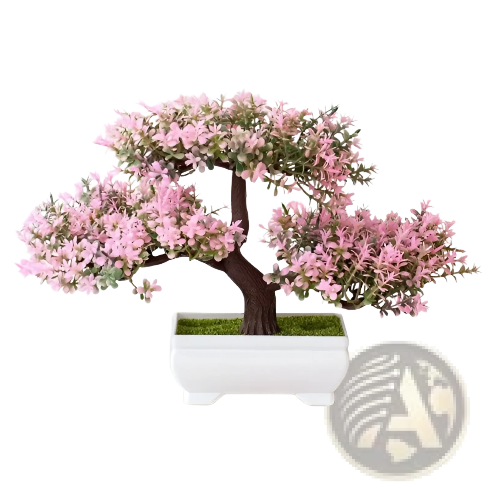 Artificial bonsai tree with delicate pink blossoms and green foliage in a sleek white ceramic pot