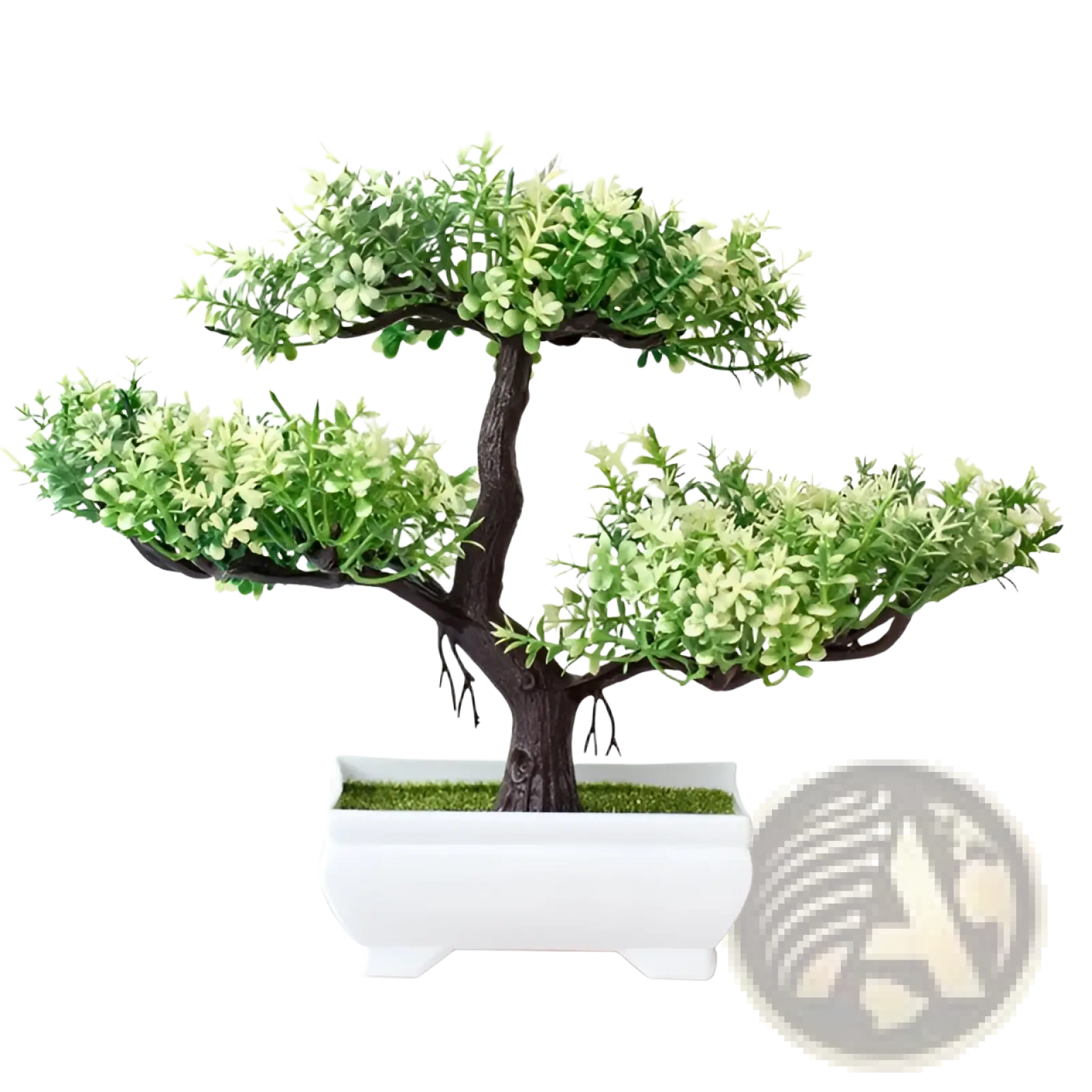 Artificial bonsai tree with dark brown trunk and lush green foliage in a sleek white ceramic pot