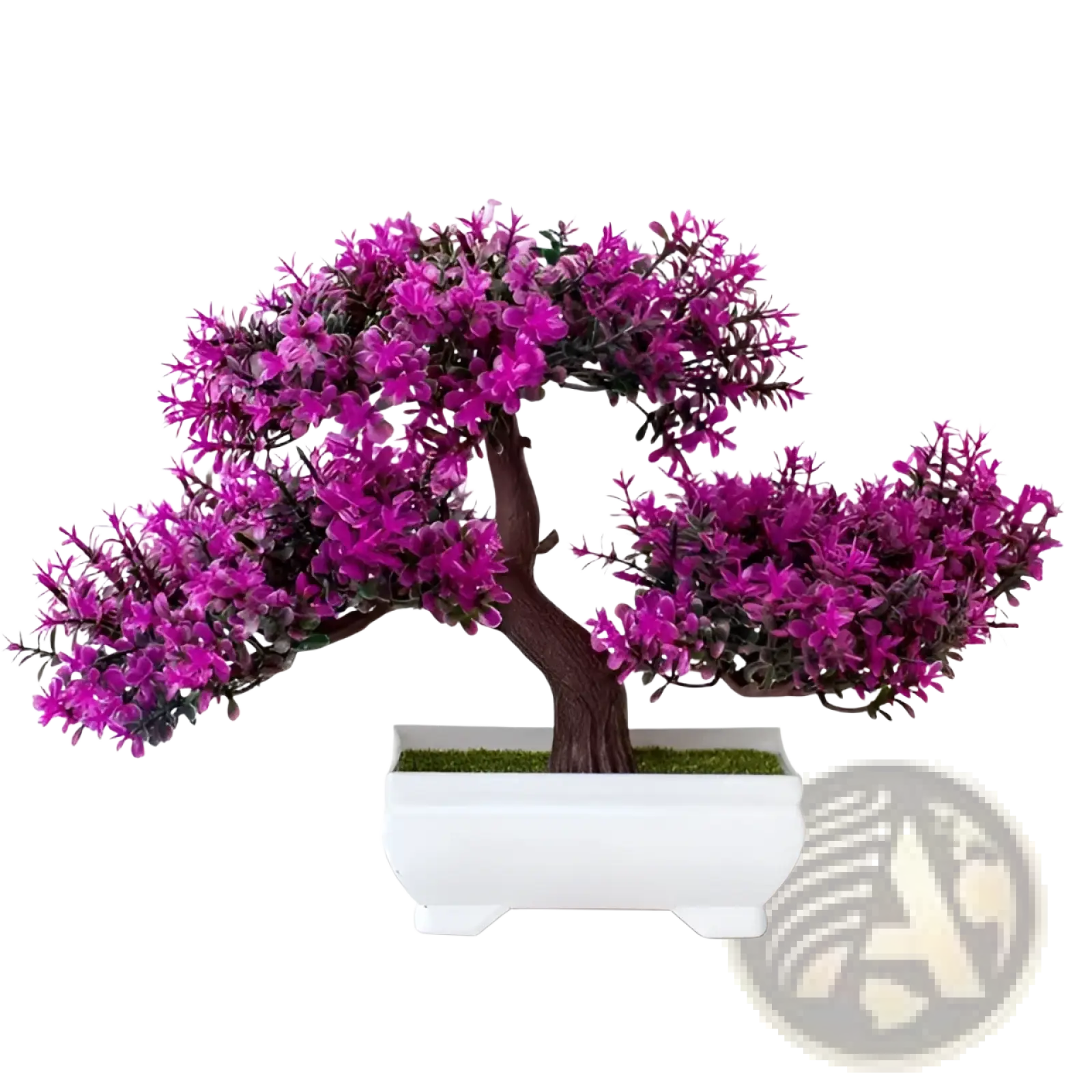 A vibrant purple artificial bonsai tree with detailed branches in a sleek white ceramic pot for decor