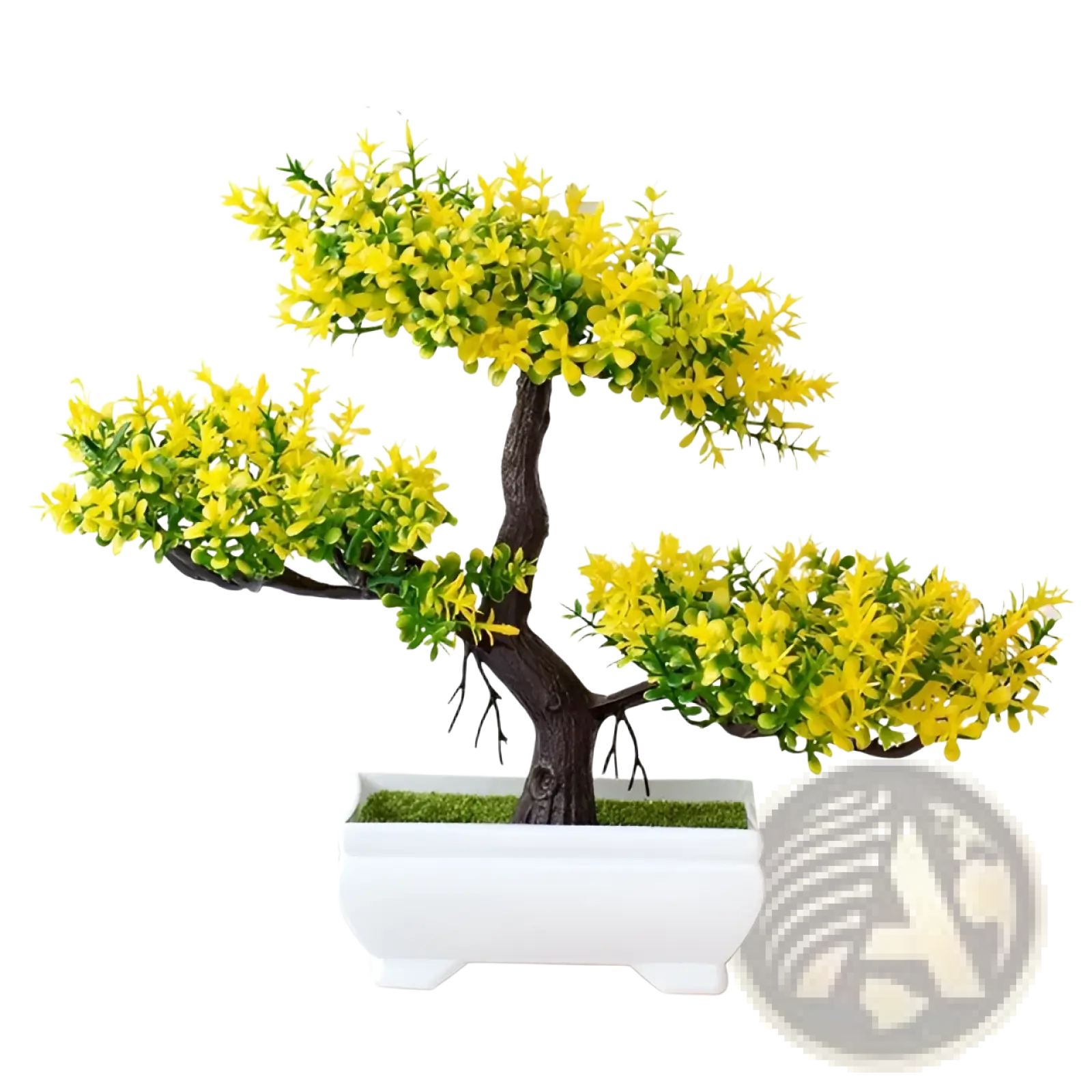 Artificial bonsai tree with vibrant yellow and green leaves and dark brown trunk in white ceramic pot