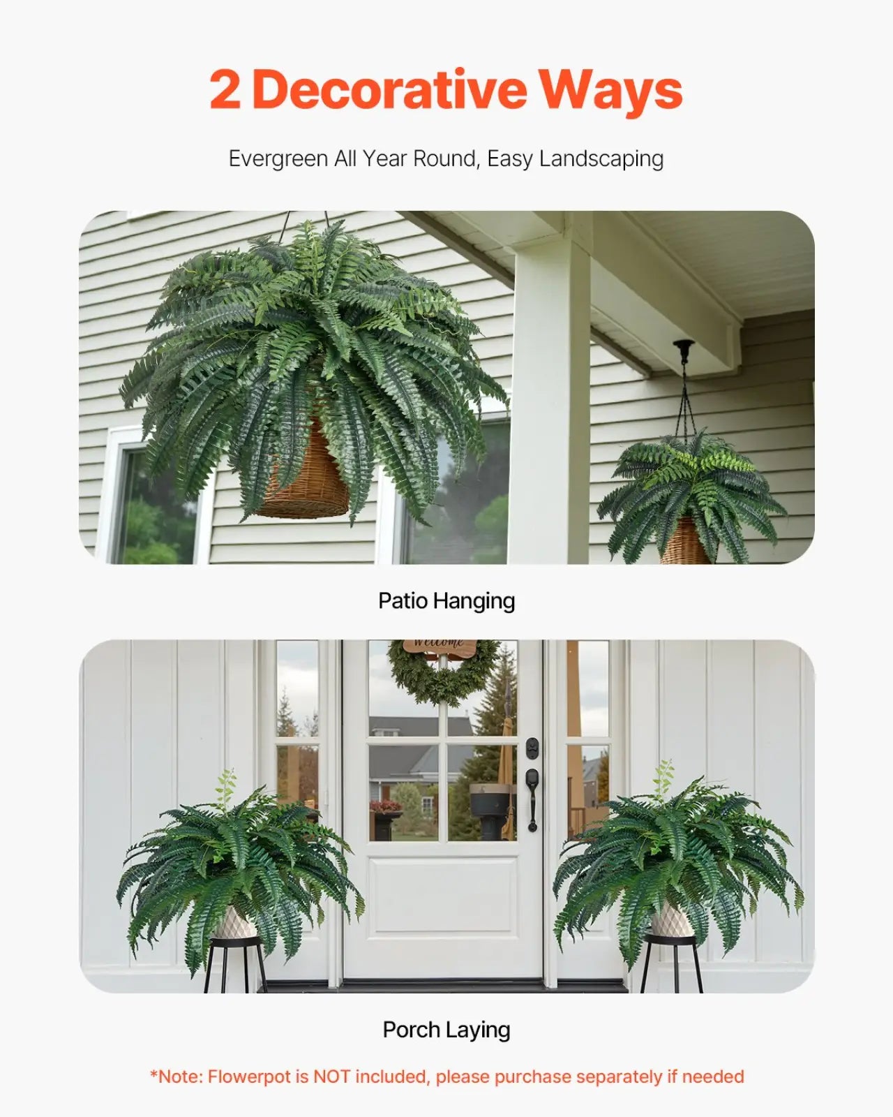 Artificial Boston fern 47 inch large faux plant with lush dark green leaves in woven baskets for patio or porch display
