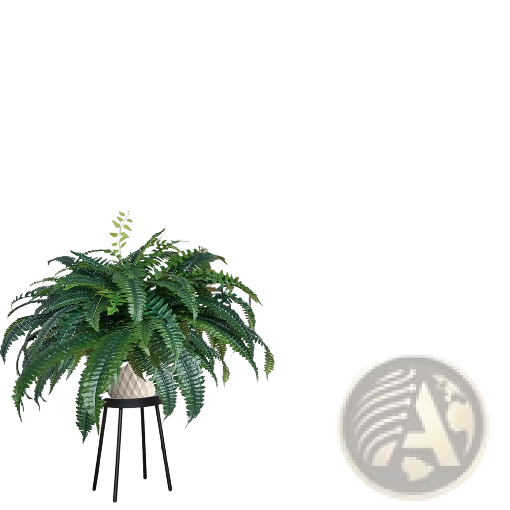 Artificial Boston fern 47 inch large lush green faux plant in white geometric ceramic pot on black metal stool