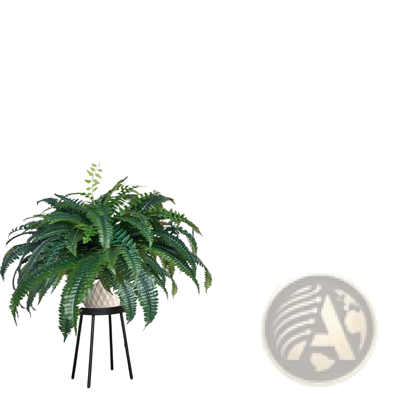 Artificial Boston fern 47 inch large lush green faux plant in white geometric ceramic pot on black metal stool