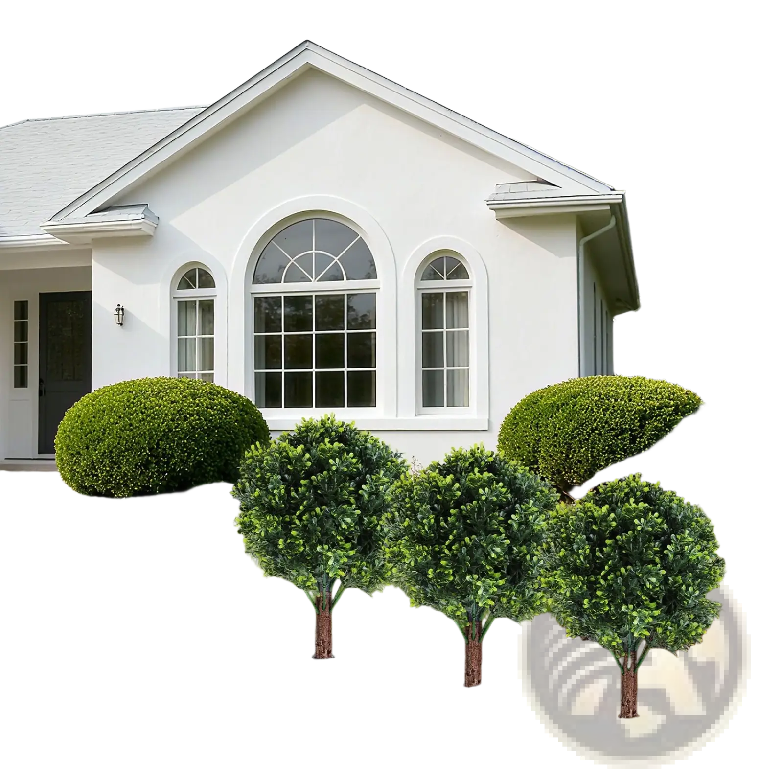 Lush green artificial boxwood ball topiary trees with brown wooden spikes in a row on freshly turned soil