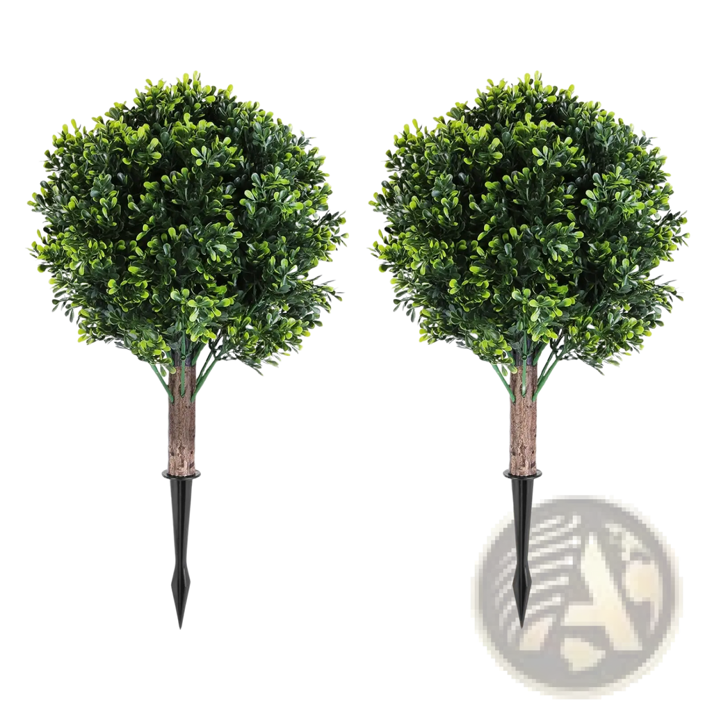 Two artificial boxwood ball topiary trees with vibrant green foliage and brown stems mounted on black metal spikes