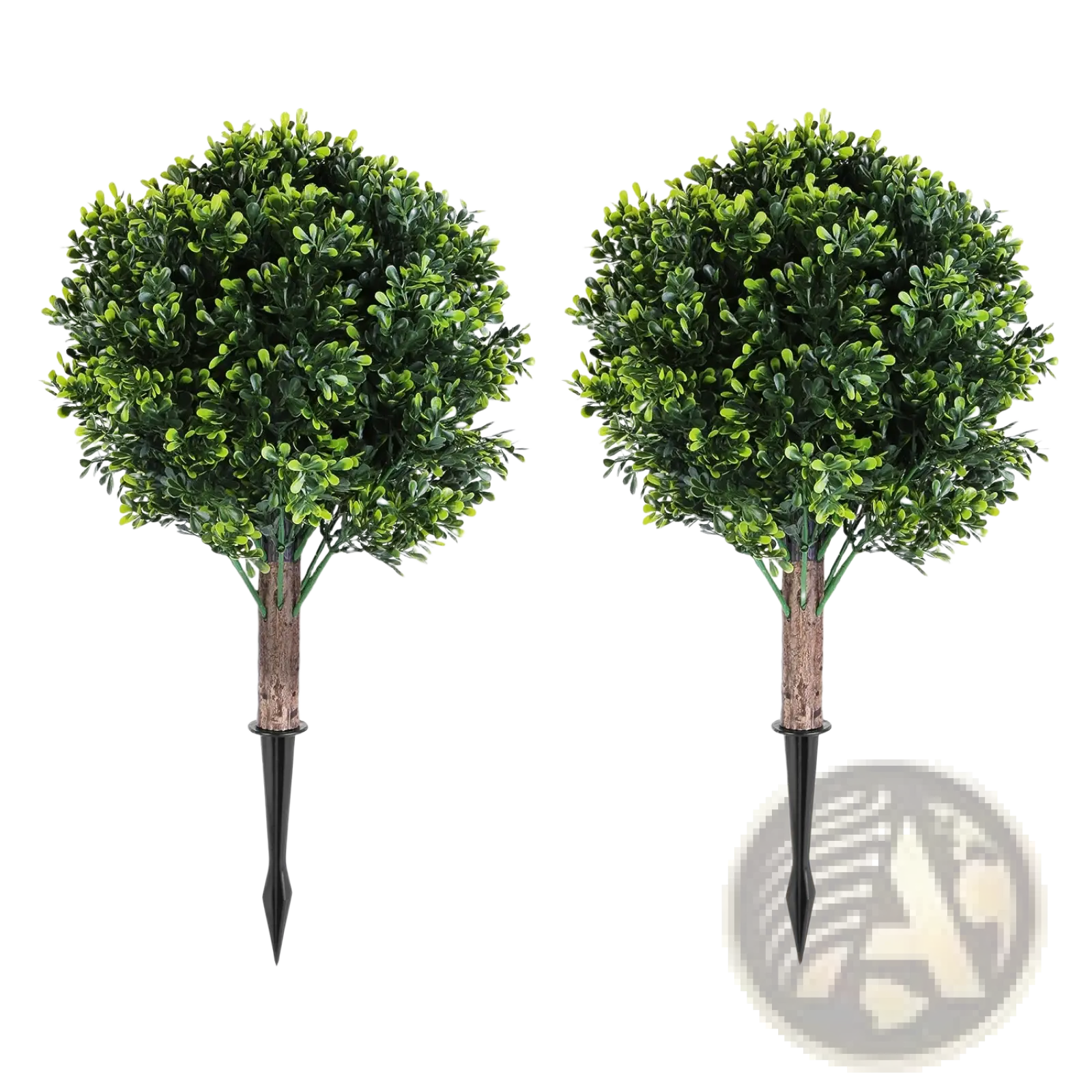 Two artificial boxwood ball topiary trees with vibrant green foliage and brown stems mounted on black metal spikes