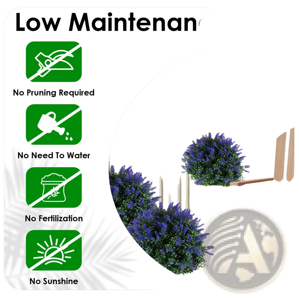 Purple artificial lavender bushes in white ceramic pots featured as part of artificial boxwood ball topiary trees with spikes 2 pack