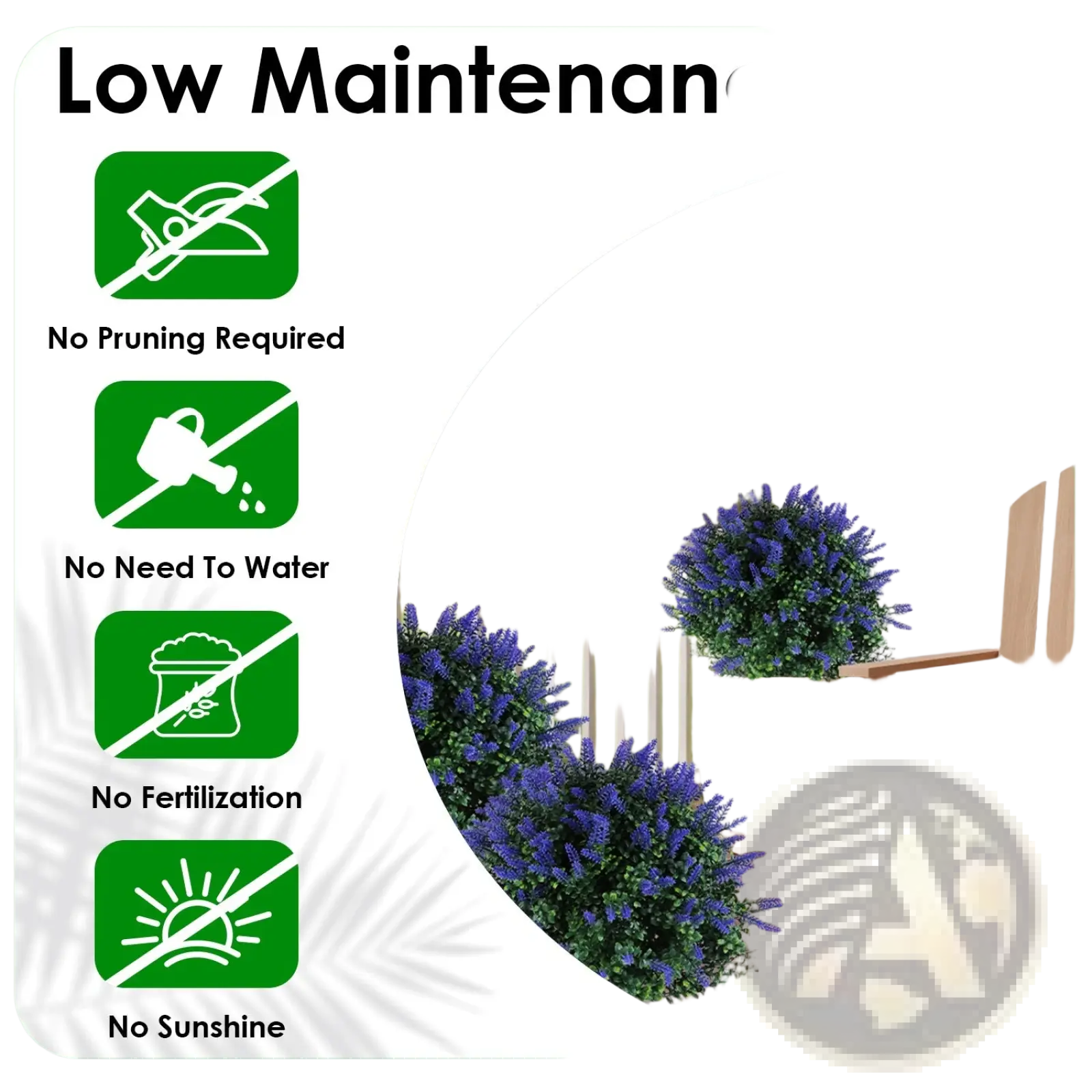 Purple artificial lavender bushes in white ceramic pots featured as part of artificial boxwood ball topiary trees with spikes 2 pack