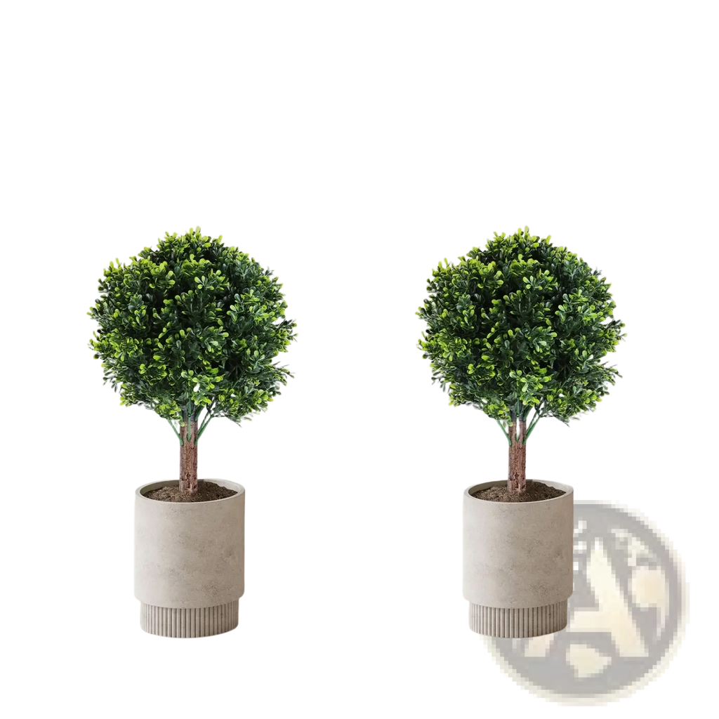 Two artificial boxwood ball topiary trees with spikes in light gray ribbed concrete pots with dense green foliage and brown stems