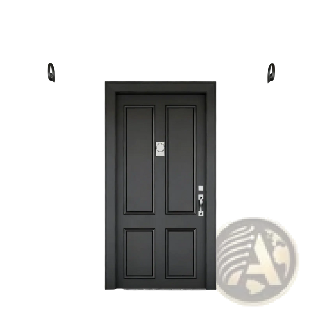 Black four-panel front door with silver circular knocker and modern handle shown with artificial boxwood ball topiary trees 2 pack