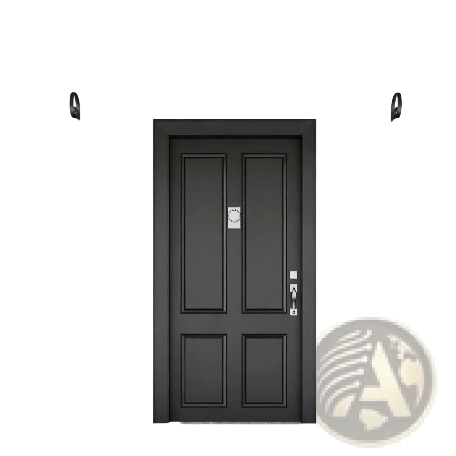 Black four-panel front door with silver circular knocker and modern handle shown with artificial boxwood ball topiary trees 2 pack