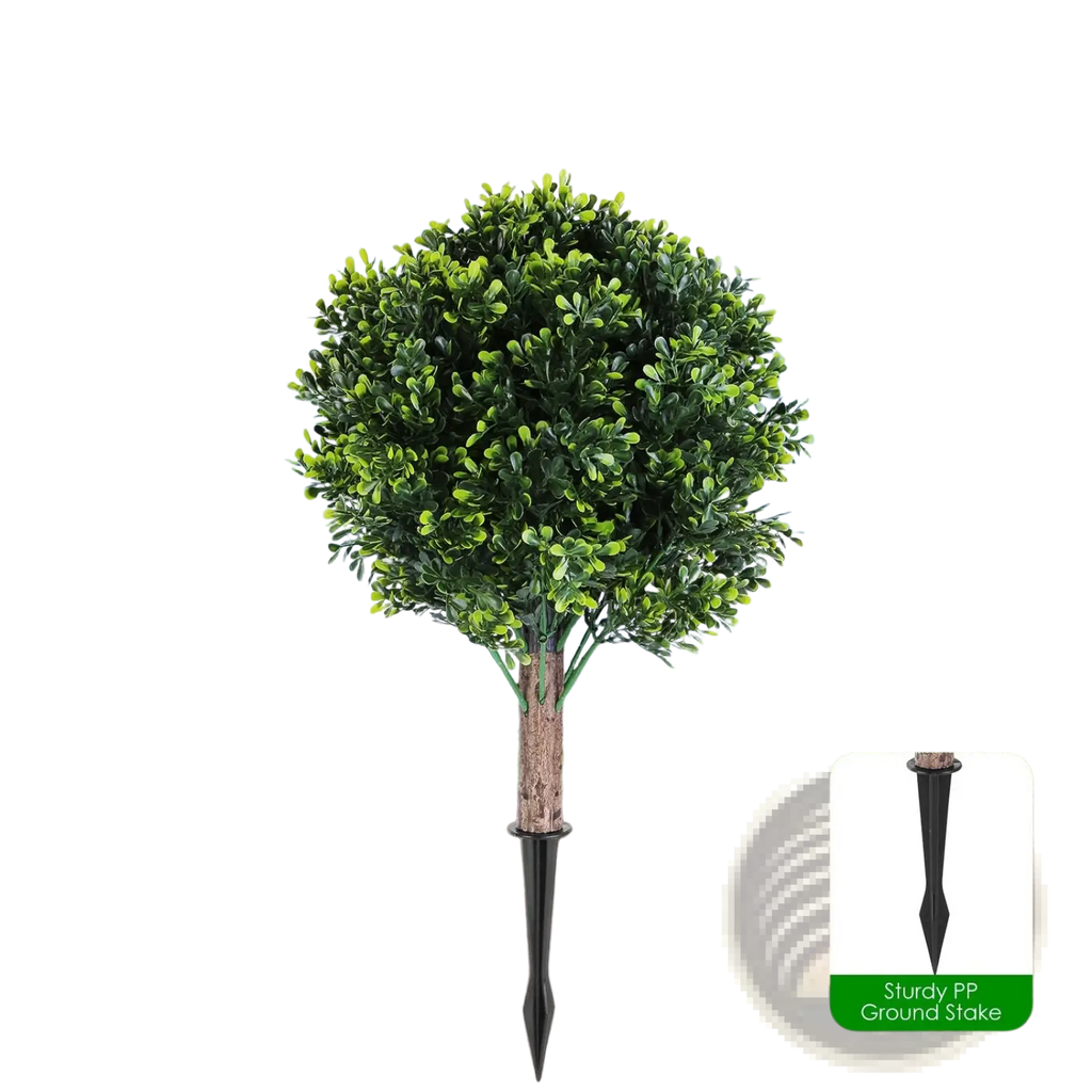 A realistic green artificial boxwood ball topiary tree with flexible branches and a sturdy black ground stake