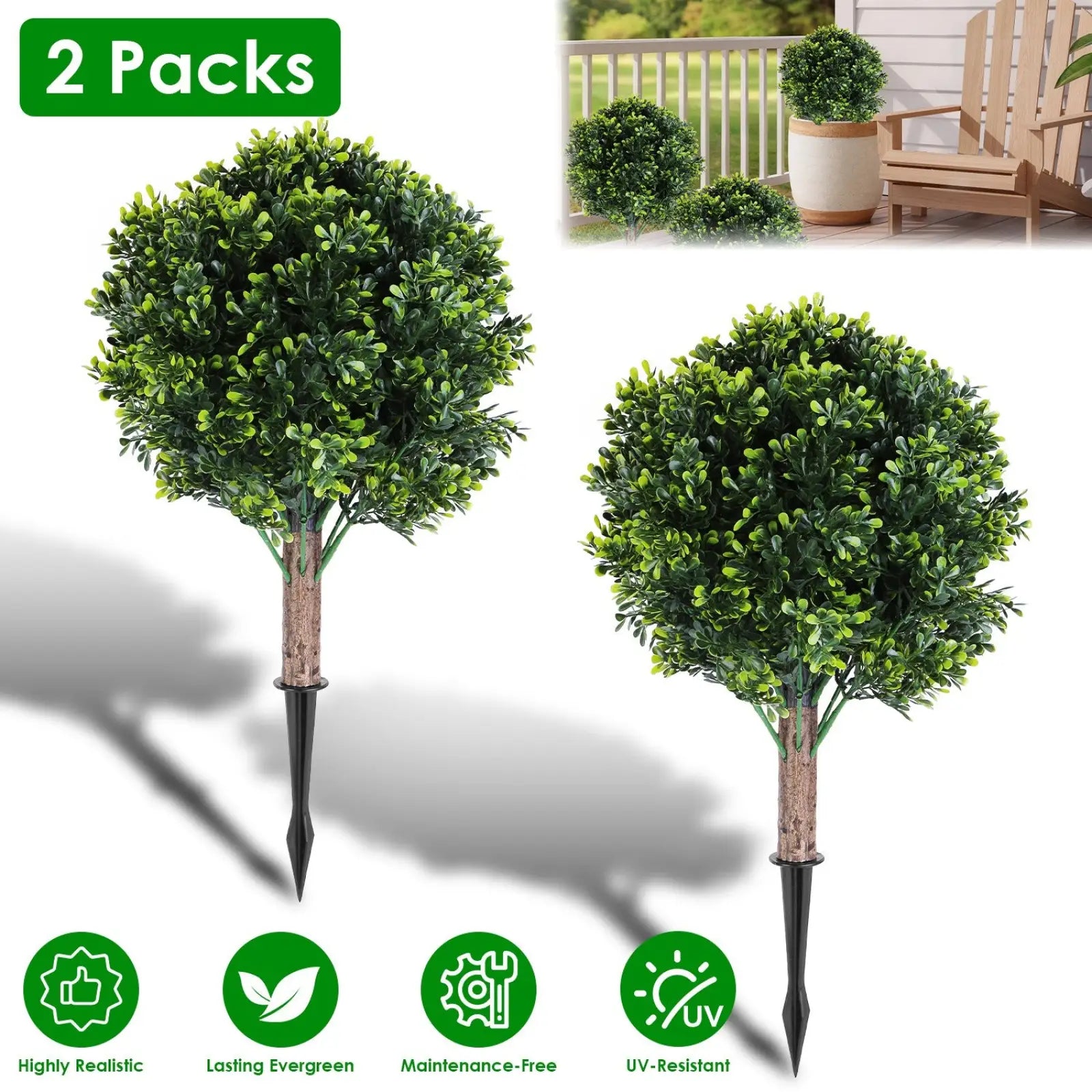 Artificial boxwood ball topiary trees 2 pack with green foliage wooden stems and black spikes for outdoor planting