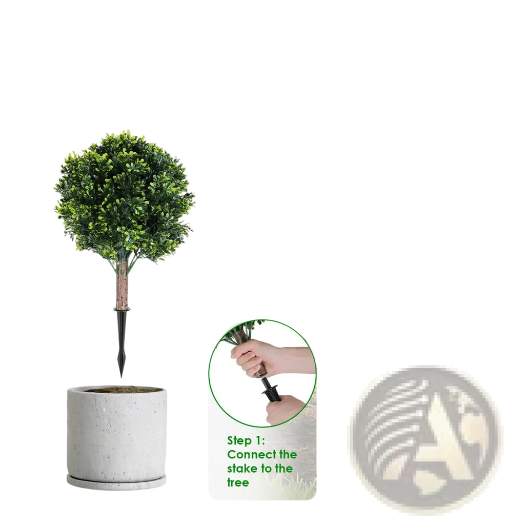 Artificial boxwood ball topiary trees 2 pack with dense green foliage and wooden stakes for easy installation