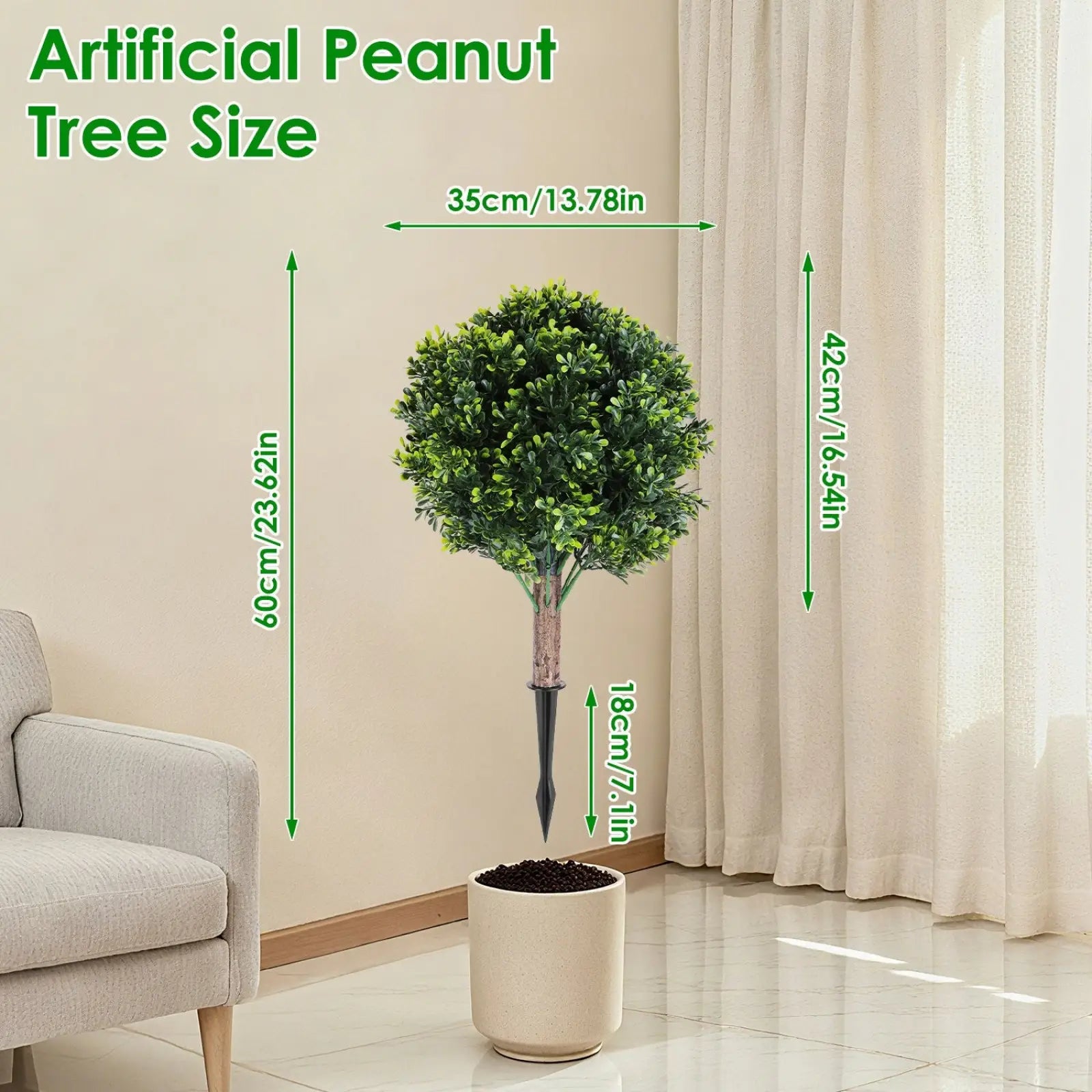 A lush artificial green peanut tree with dense foliage and textured trunk in a beige ceramic pot, boxwood topiary