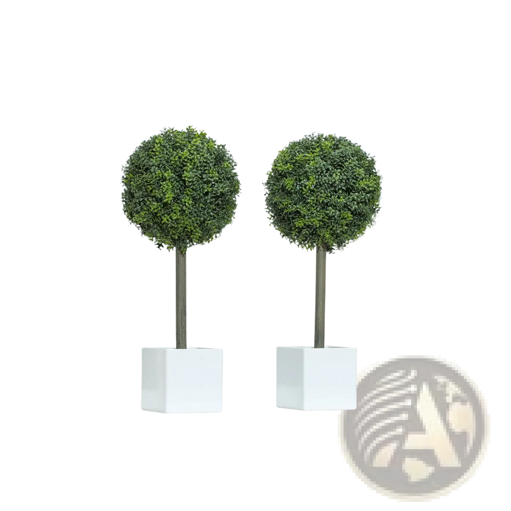 Artificial boxwood topiary ball set of 2 with dense green foliage and slender stems in white square pots