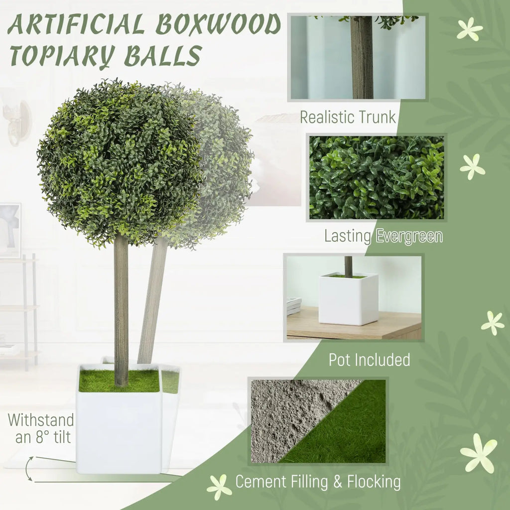 Artificial boxwood topiary ball set of 2 with realistic trunk dense vibrant green evergreen foliage in white pots