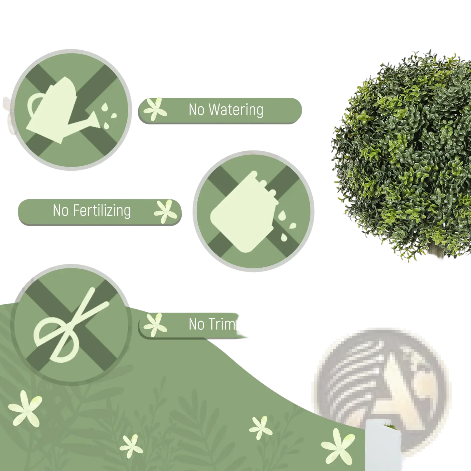 Artificial boxwood topiary ball in a white planter featuring lush spherical green foliage for decorative use