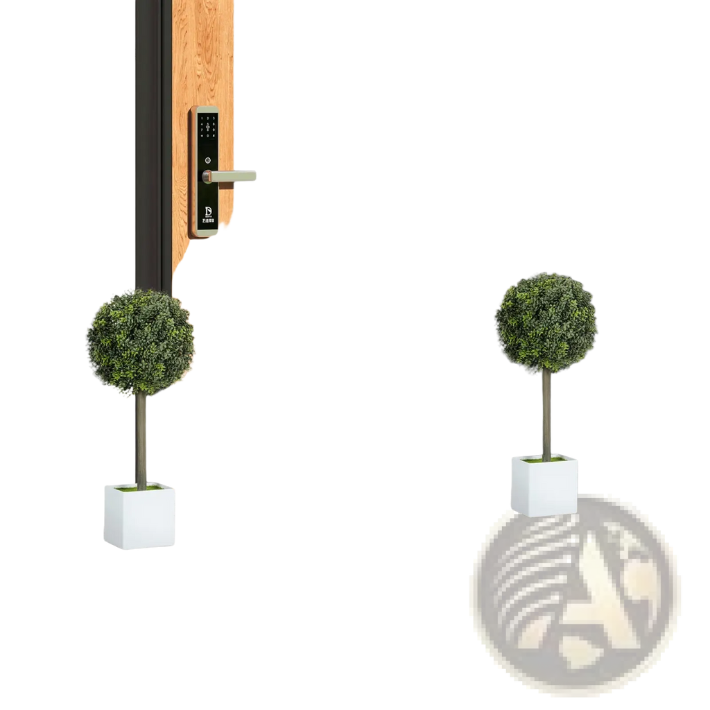 Black smart door lock with silver handle and wood grain panel next to artificial boxwood topiary ball set in white pots