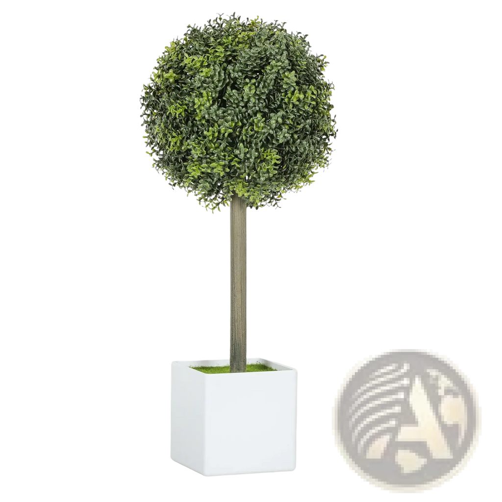 Artificial boxwood topiary ball set of 2 with lush green foliage in sleek white square pots for indoor or outdoor decor