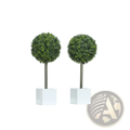 Two artificial boxwood topiary balls with dense green foliage and slender metallic stems in white square pots