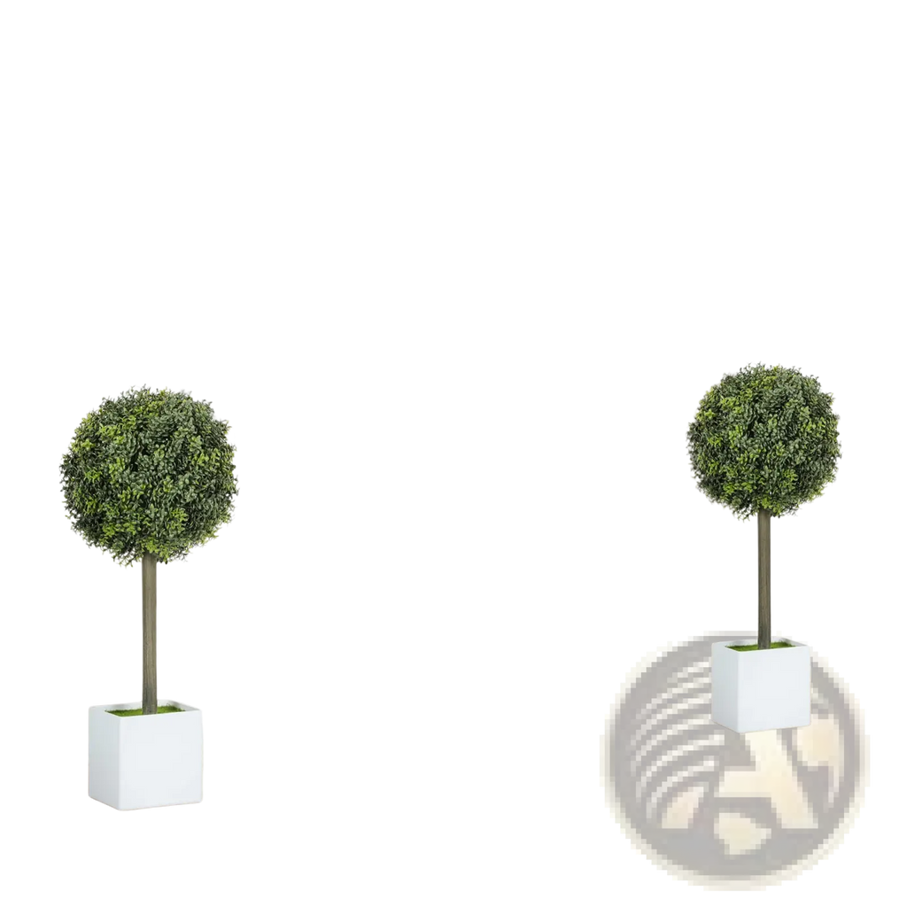 Two artificial boxwood topiary balls with dense green foliage in white square pots for indoor or outdoor decor