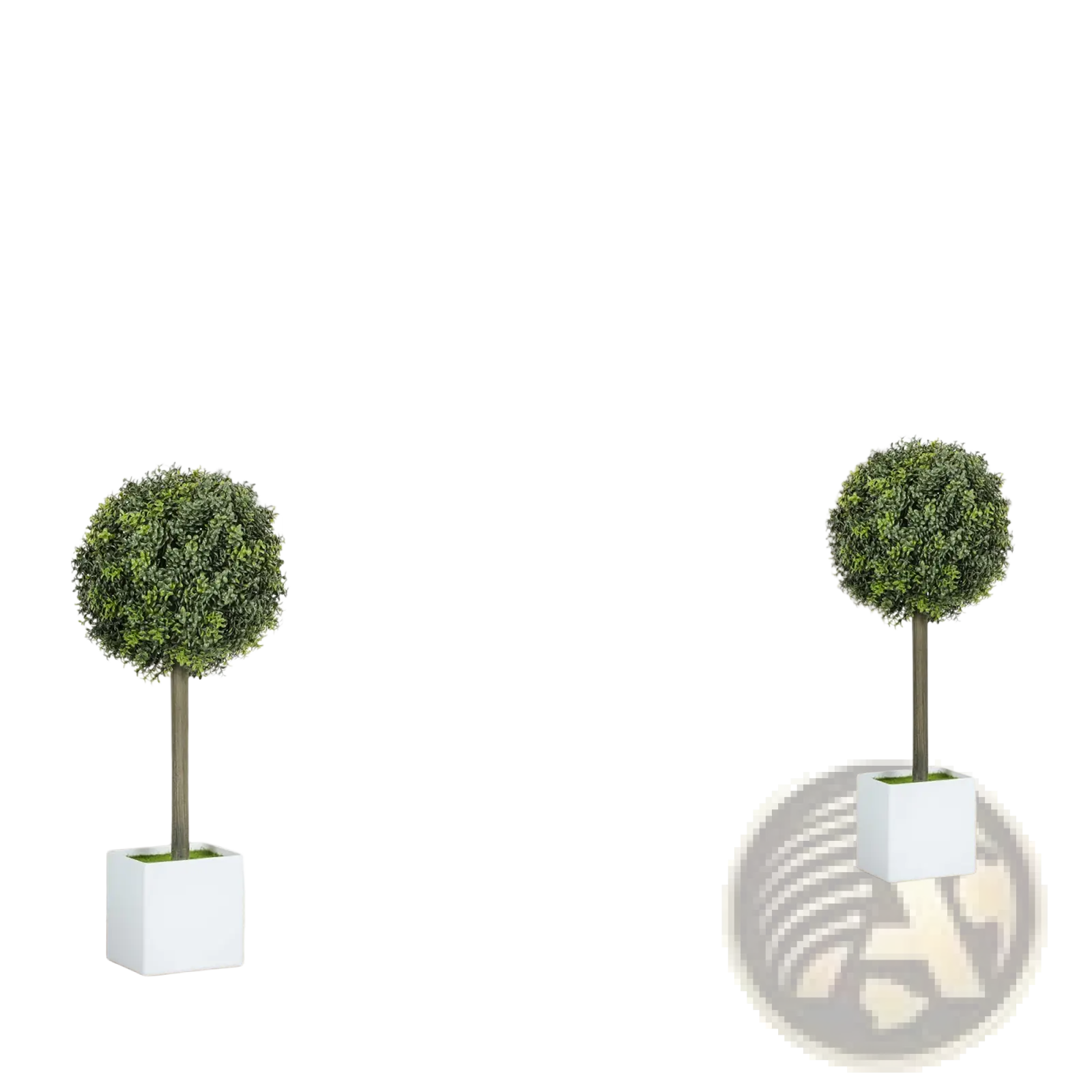 Two artificial boxwood topiary balls with dense green foliage in white square pots for indoor or outdoor decor