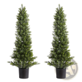 Two artificial cedar topiary trees 36 inch with dense dark green foliage in black pots for decorative use