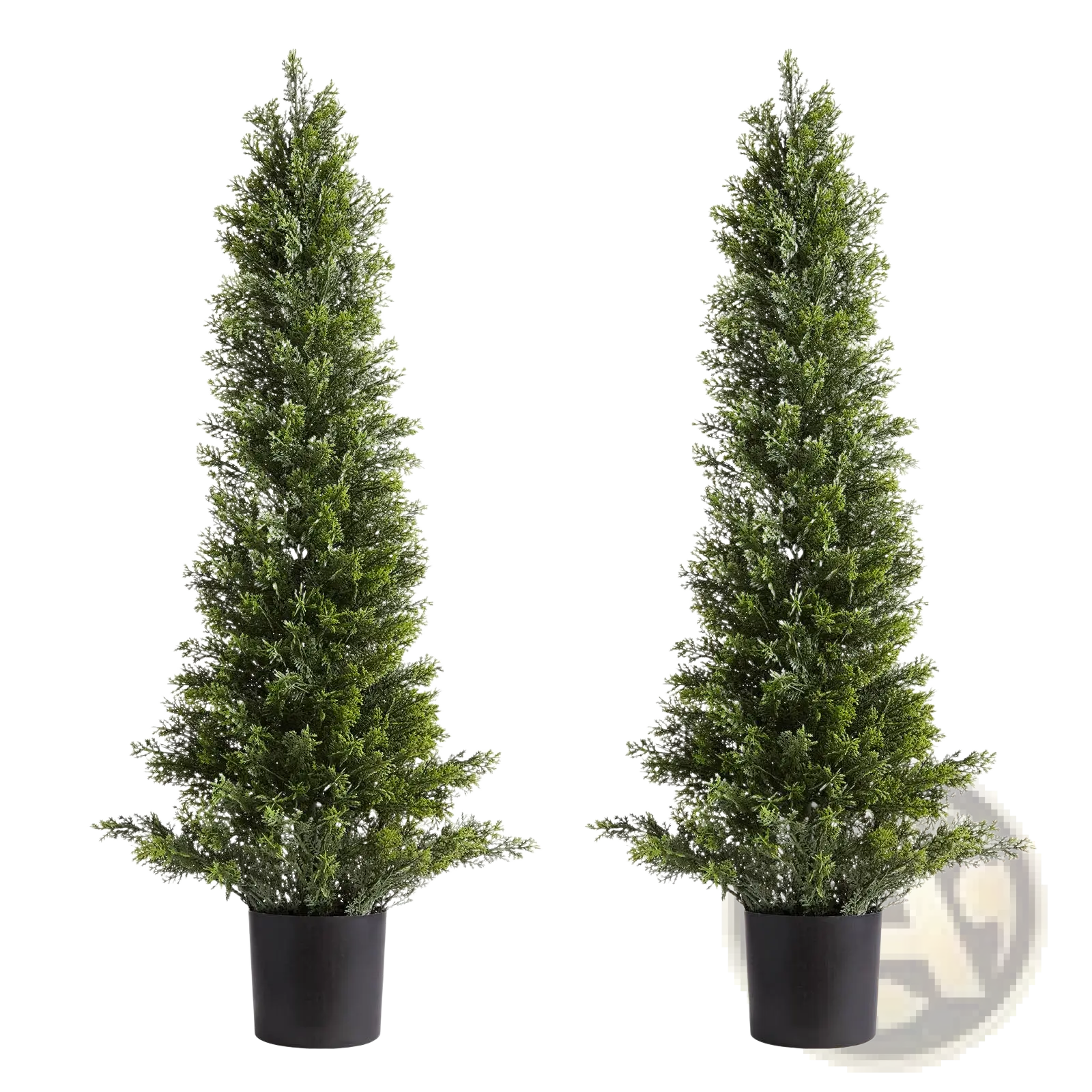 Two artificial cedar topiary trees 36 inch with dense dark green foliage in black pots for decorative use