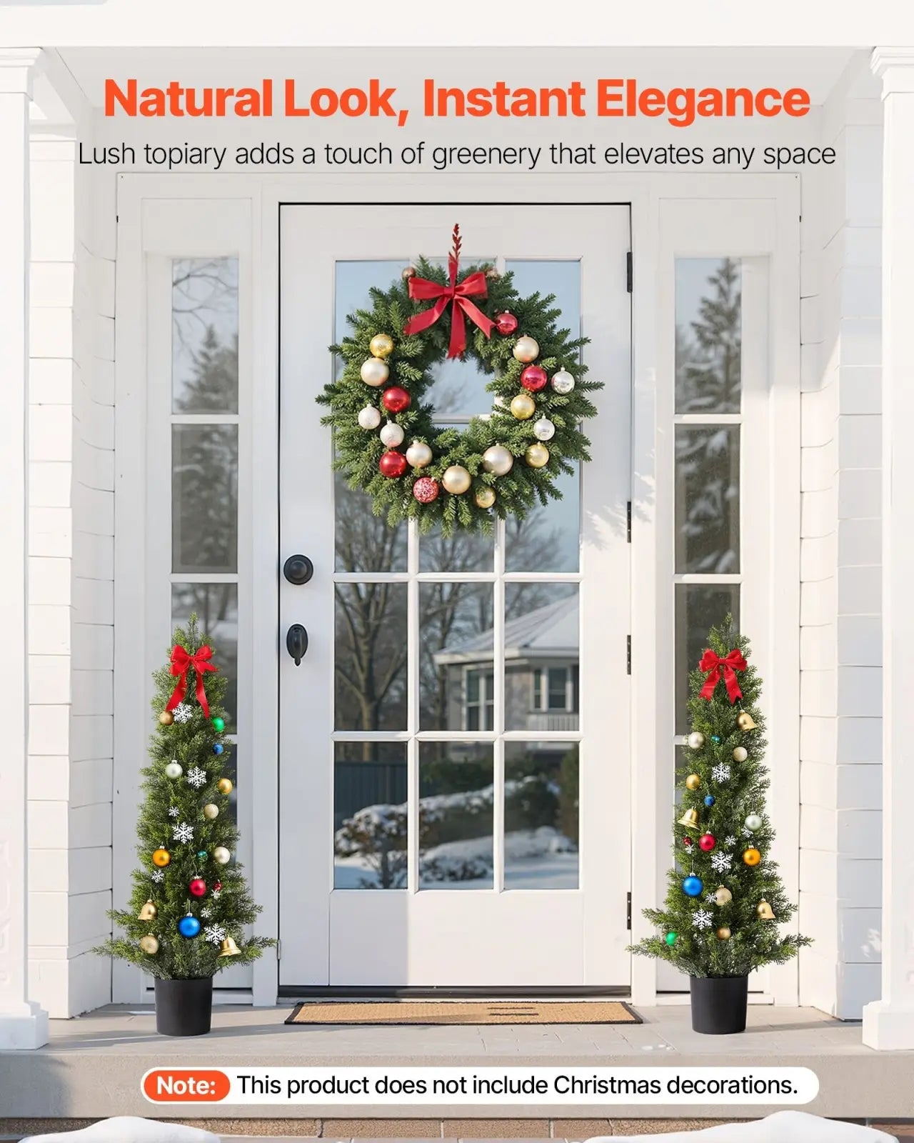 Lush green artificial cedar topiary trees 36 inch set of 2 with red and gold ornament wreath hanging on white door