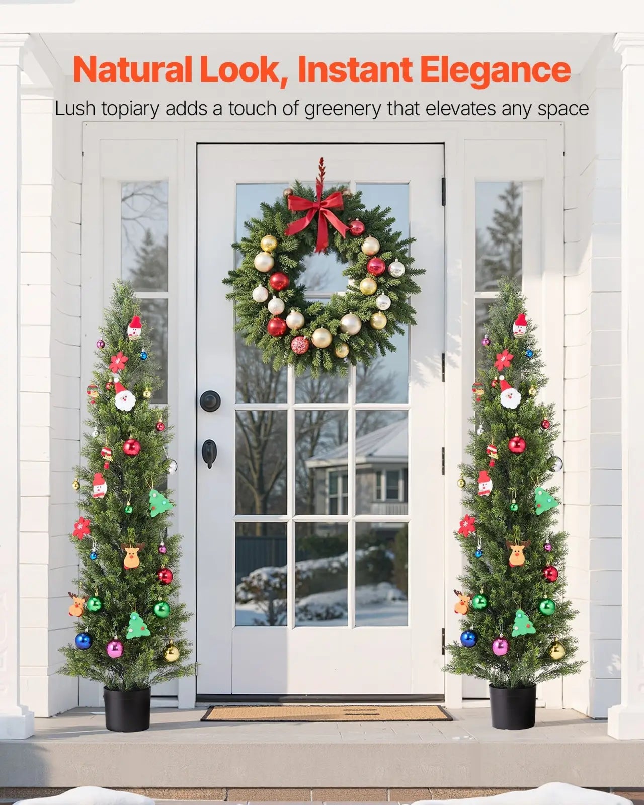 Artificial cedar topiary trees set of 2 60 inch lush green with colorful ornaments and festive decorations