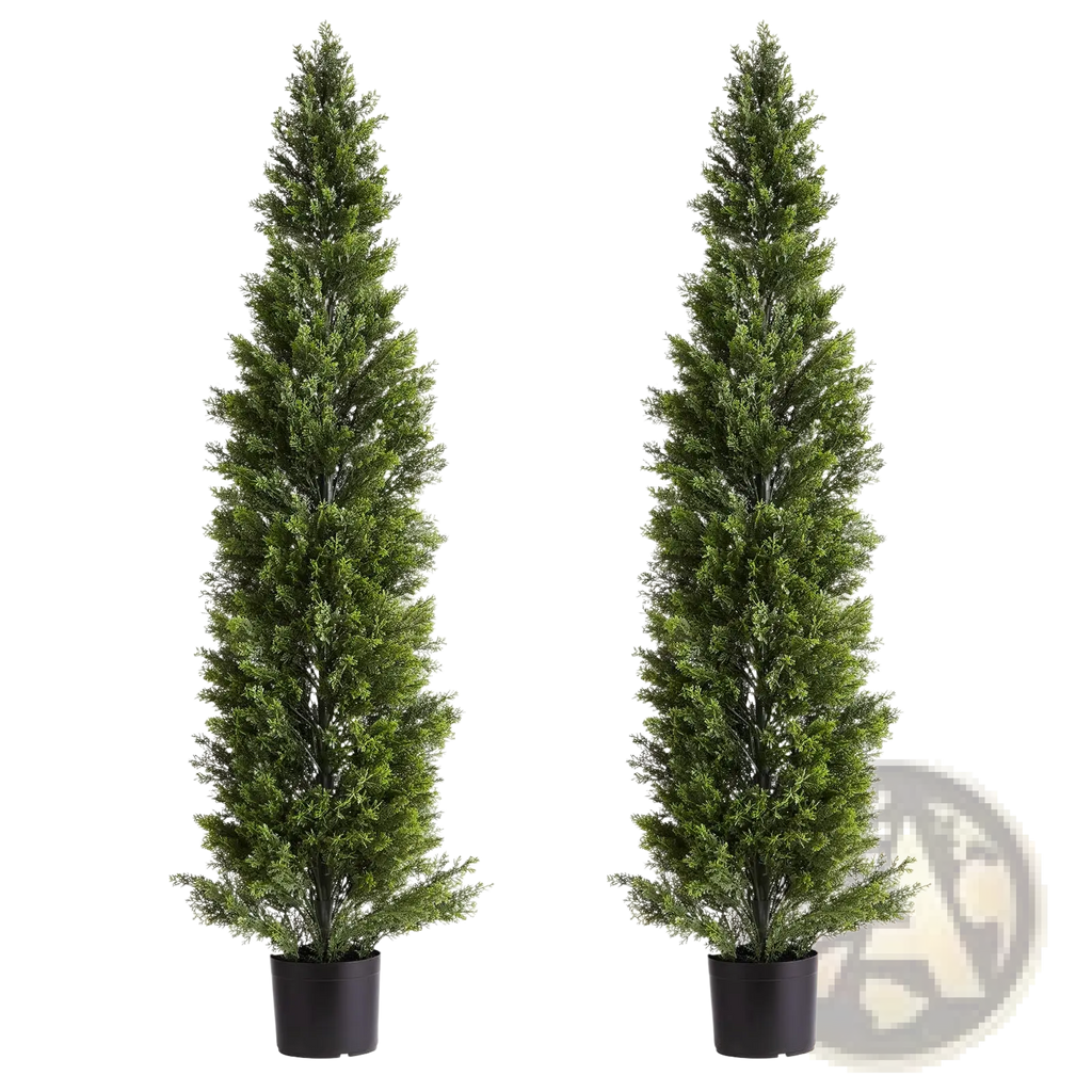 Two artificial cedar topiary trees 60 inch tall in black pots with realistic green foliage for indoor or outdoor decor