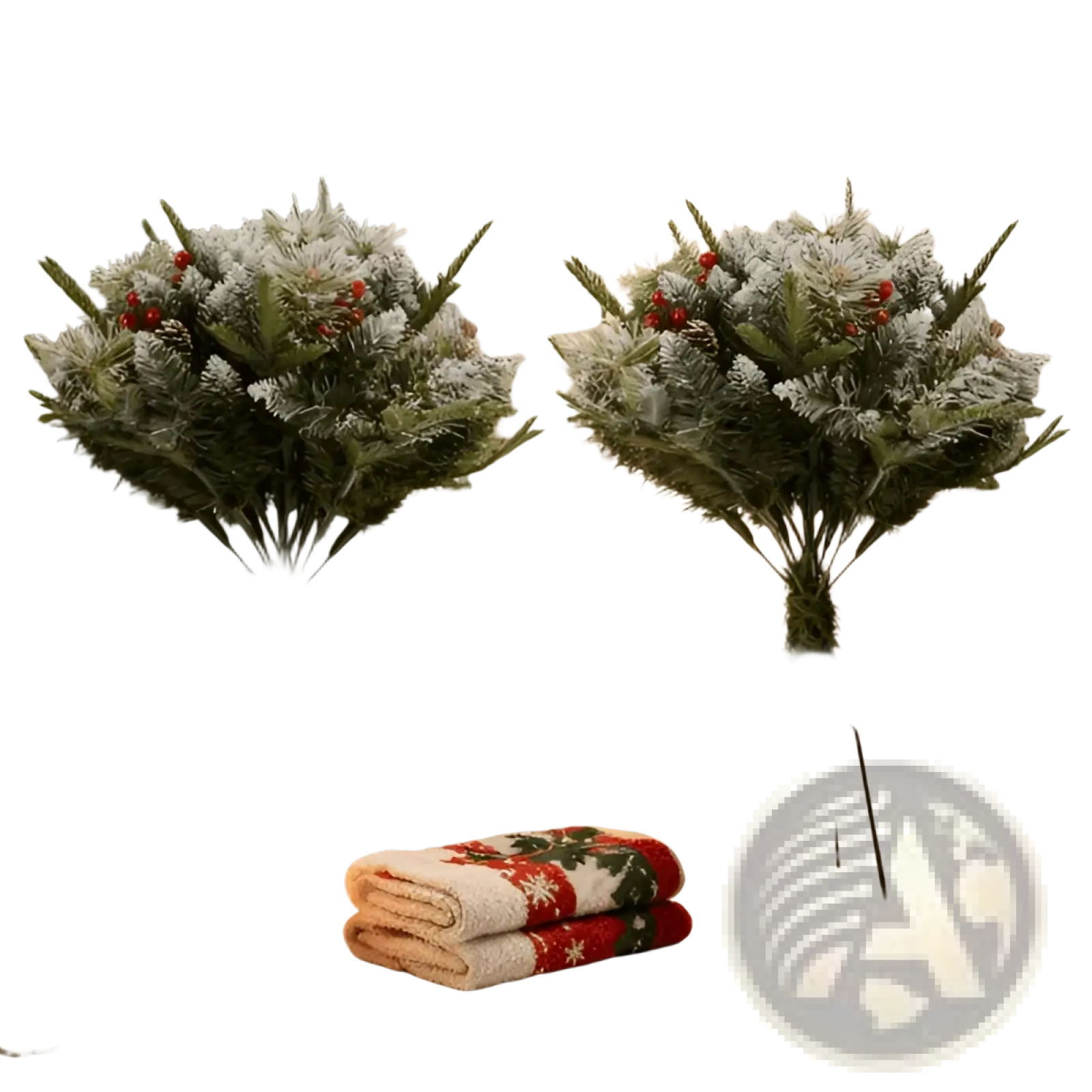Festive artificial Christmas tree with LED lights, red berries, frosted faux evergreen branches on black tripod stand