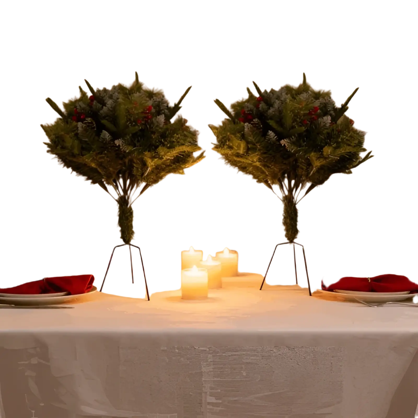 Festive greenery centerpiece with frosted pine branches red berries on black metal tripod stand artificial Christmas tree with leds and berries