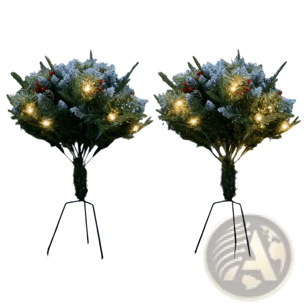 Artificial Christmas tree with frost-covered evergreen bushes, warm LED lights, red berries, and black metal stands