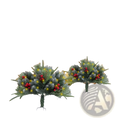 Two artificial Christmas trees with green pine-like foliage red berries and warm yellow LED lights for holiday decor