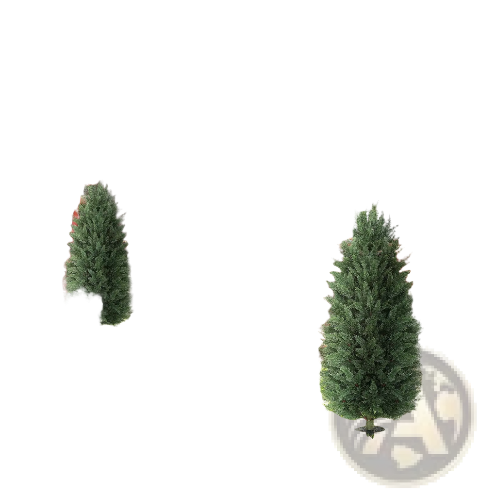 Two artificial cypress topiary trees with dense green foliage and needle-like texture stand in grass 43 inch set of 2