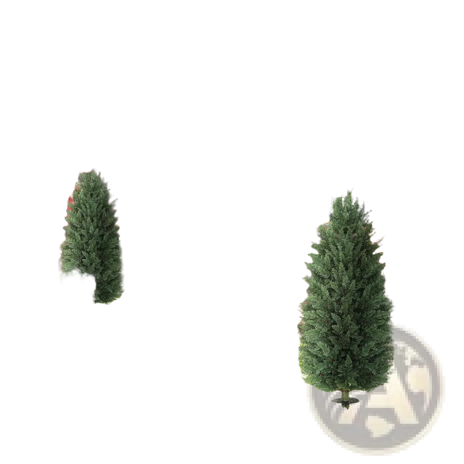 Two artificial cypress topiary trees with dense green foliage and needle-like texture stand in grass 43 inch set of 2