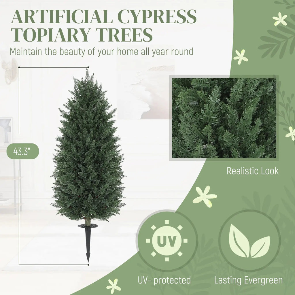 Artificial cypress topiary trees set of 2 with dense dark green foliage and sturdy black stake base 43 inch tall