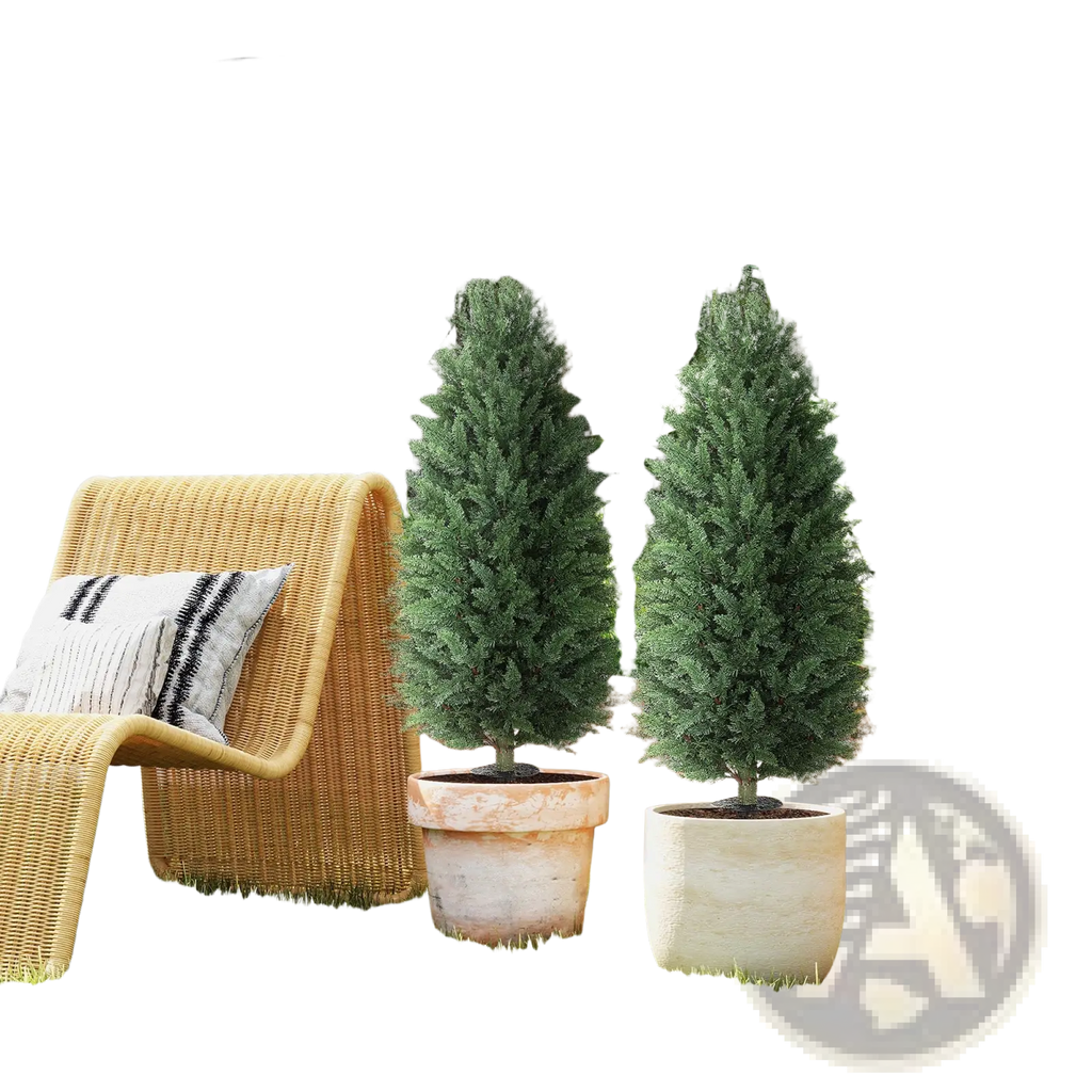Two 43 inch artificial cypress topiary trees with dense dark green foliage in textured off-white ceramic pots
