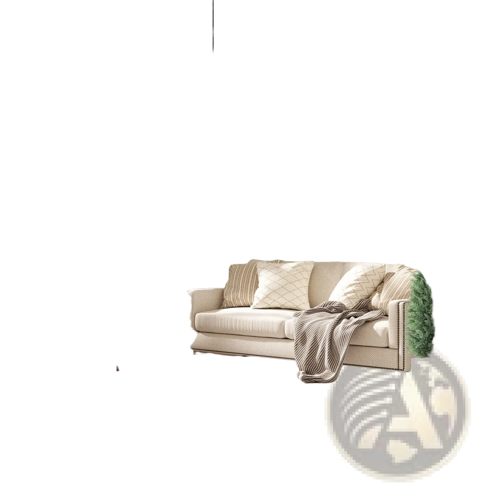 Beige upholstered sofa with nailhead trim and patterned throw blanket beside artificial cypress topiary trees set of 2