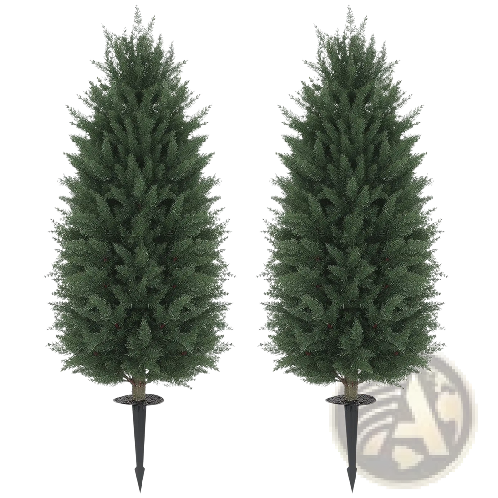 Two identical artificial cypress topiary trees 43 inch with dense dark green foliage and black metal stake bases