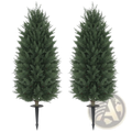 Two identical artificial cypress topiary trees 43 inch with dense dark green foliage and black metal stake bases