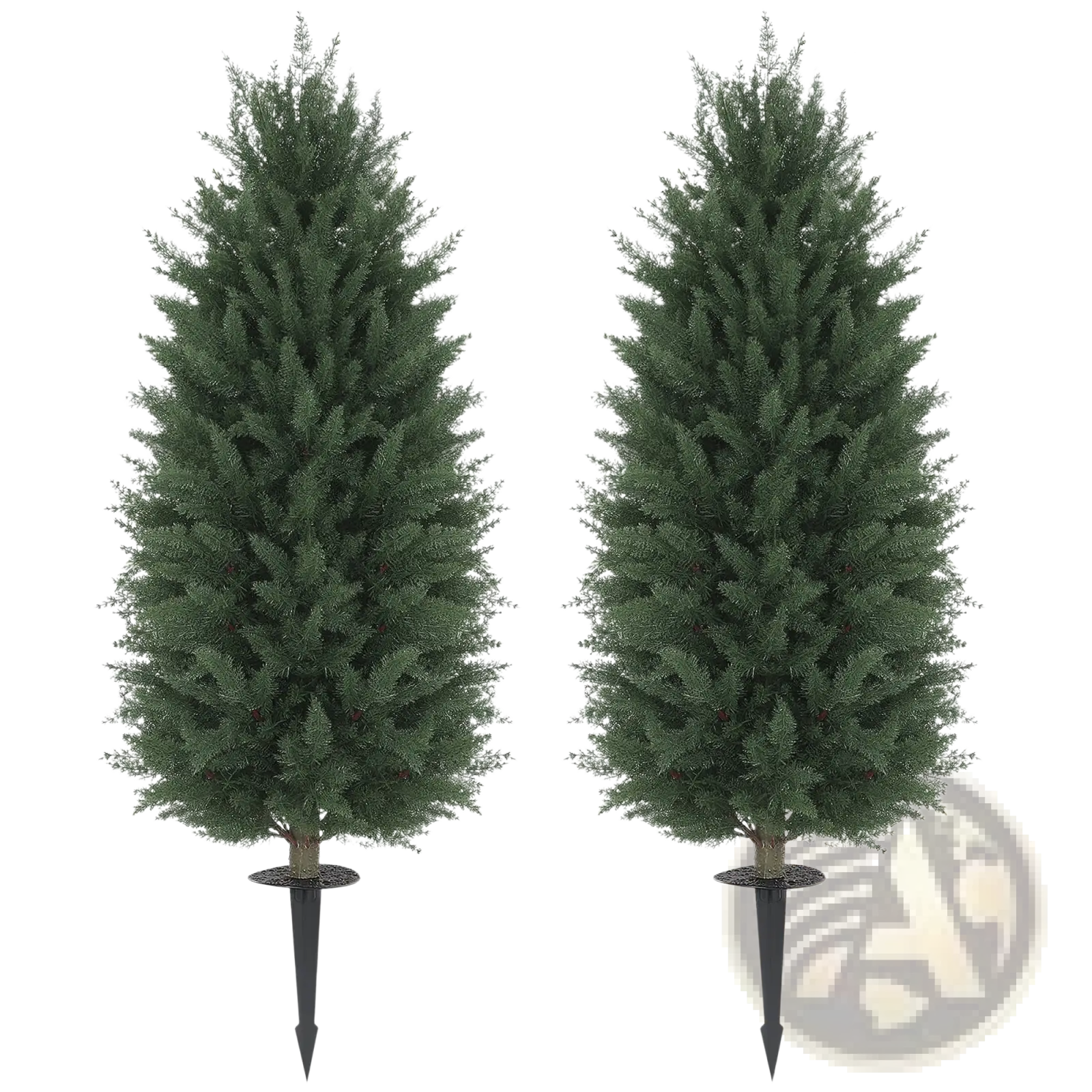 Two identical artificial cypress topiary trees 43 inch with dense dark green foliage and black metal stake bases