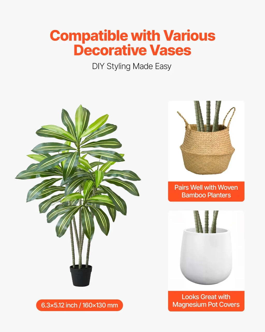 Artificial dracaena tree with green and white striped leaves in a black planter standing 5 ft tall