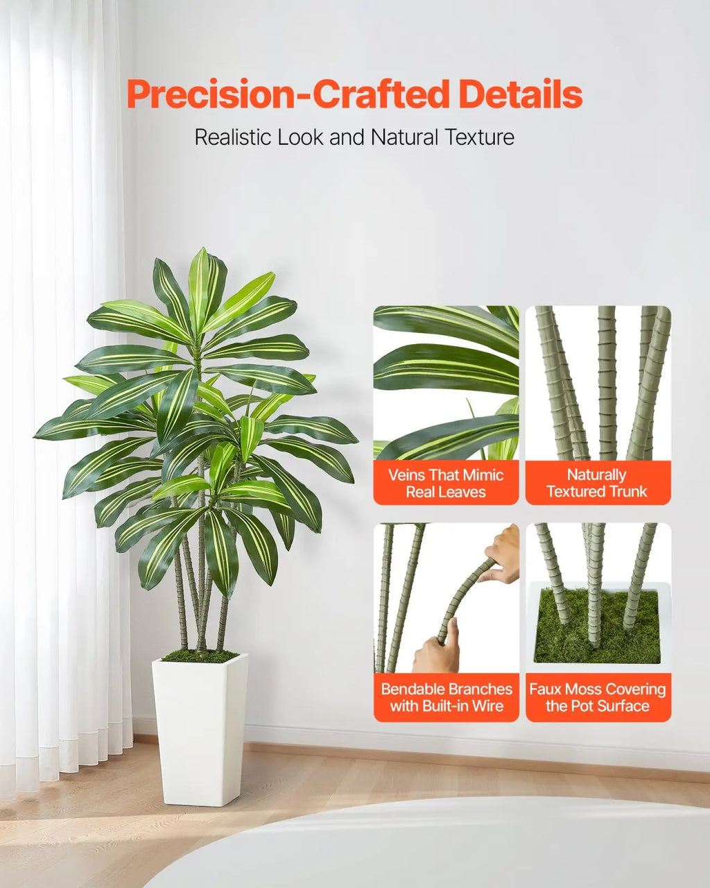 Artificial dracaena tree with vibrant green striped leaves and textured trunk in a sleek white rectangular planter 5 ft tall