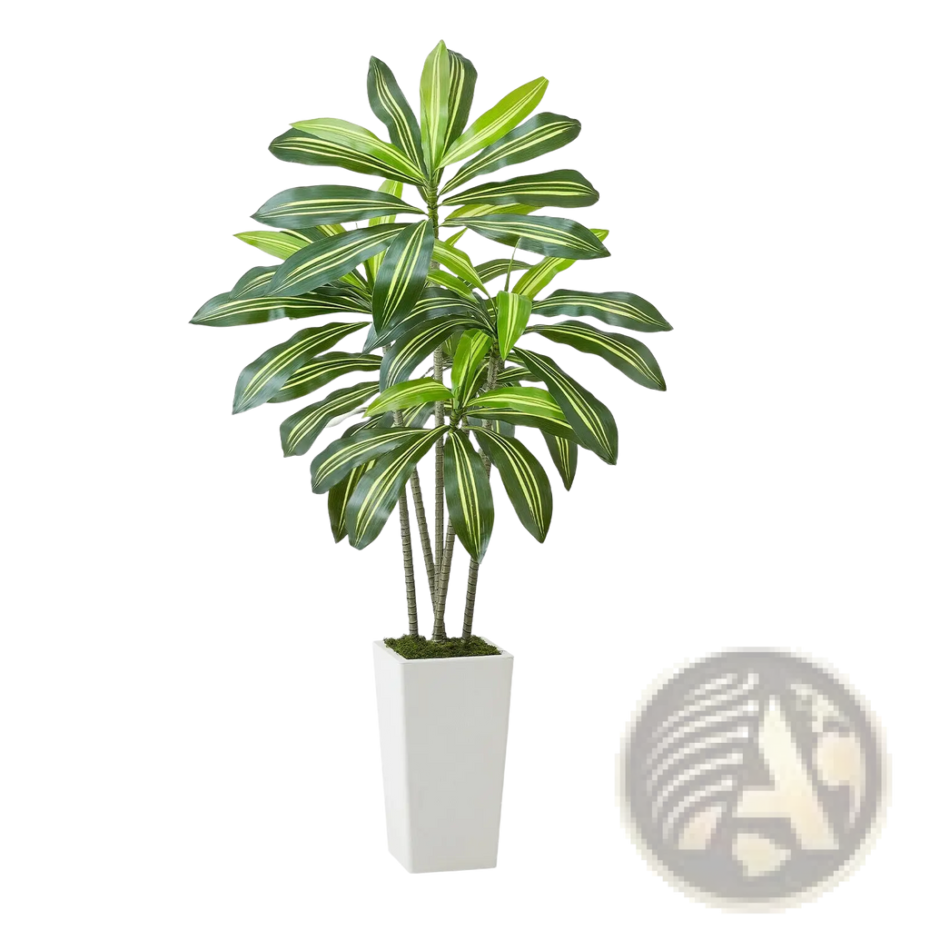 Artificial dracaena tree 5 ft with glossy green leaves and yellow stripes in a sleek white rectangular planter