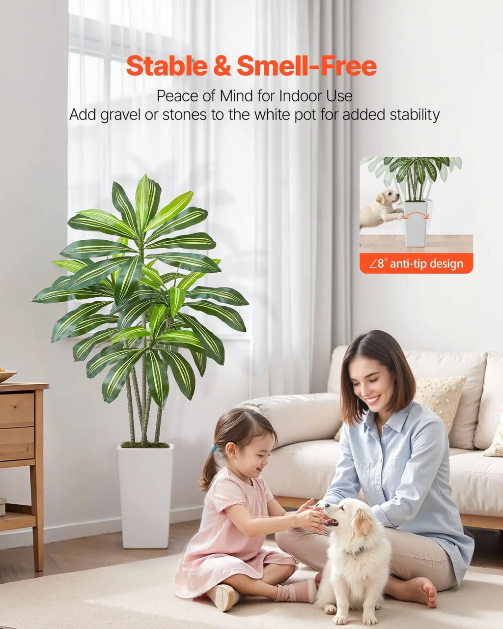 Artificial dracaena tree with tall glossy green leaves in a white planter standing five feet tall