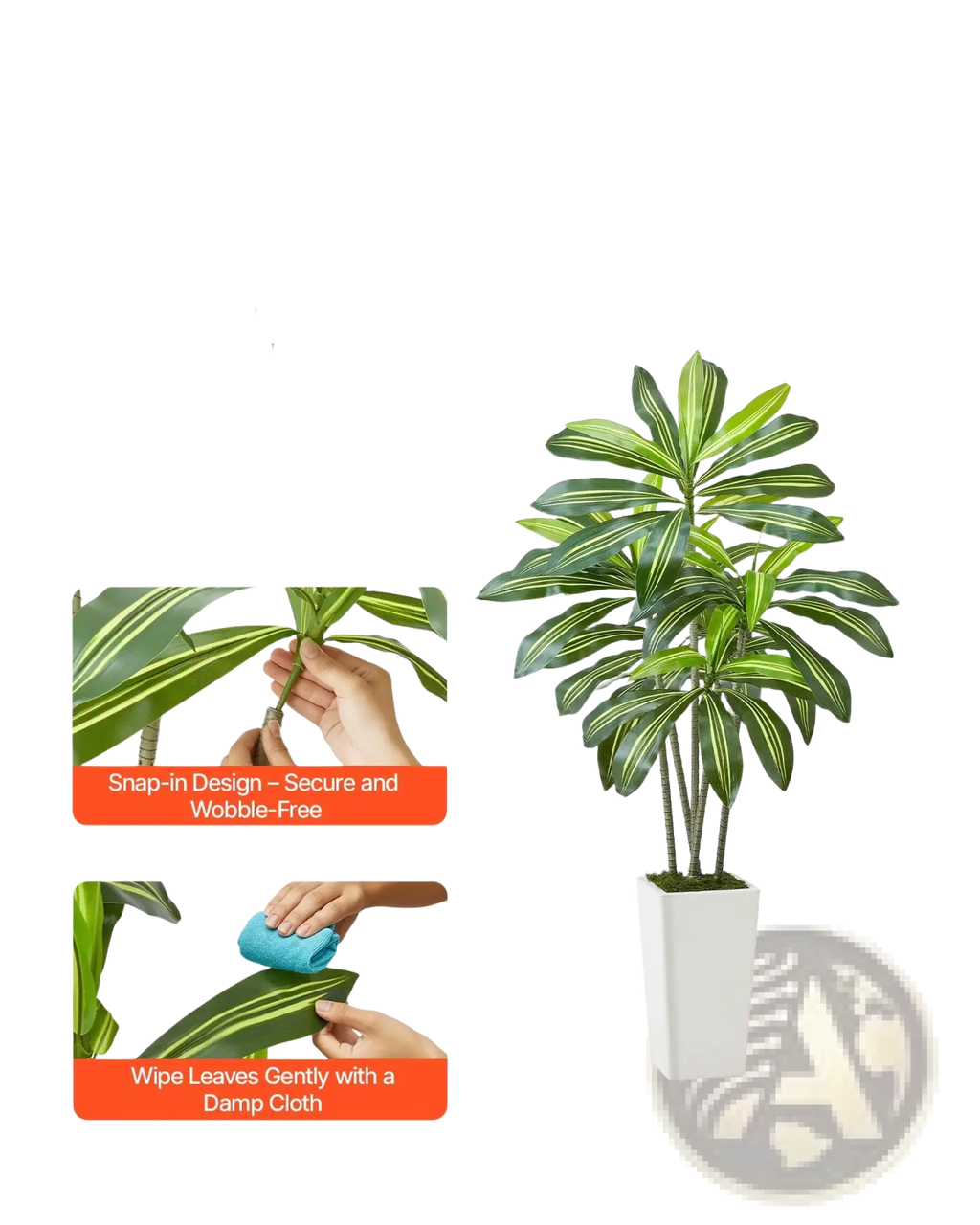Artificial dracaena tree with long green leaves featuring white stripes in a sleek white snap-in planter 5 ft tall