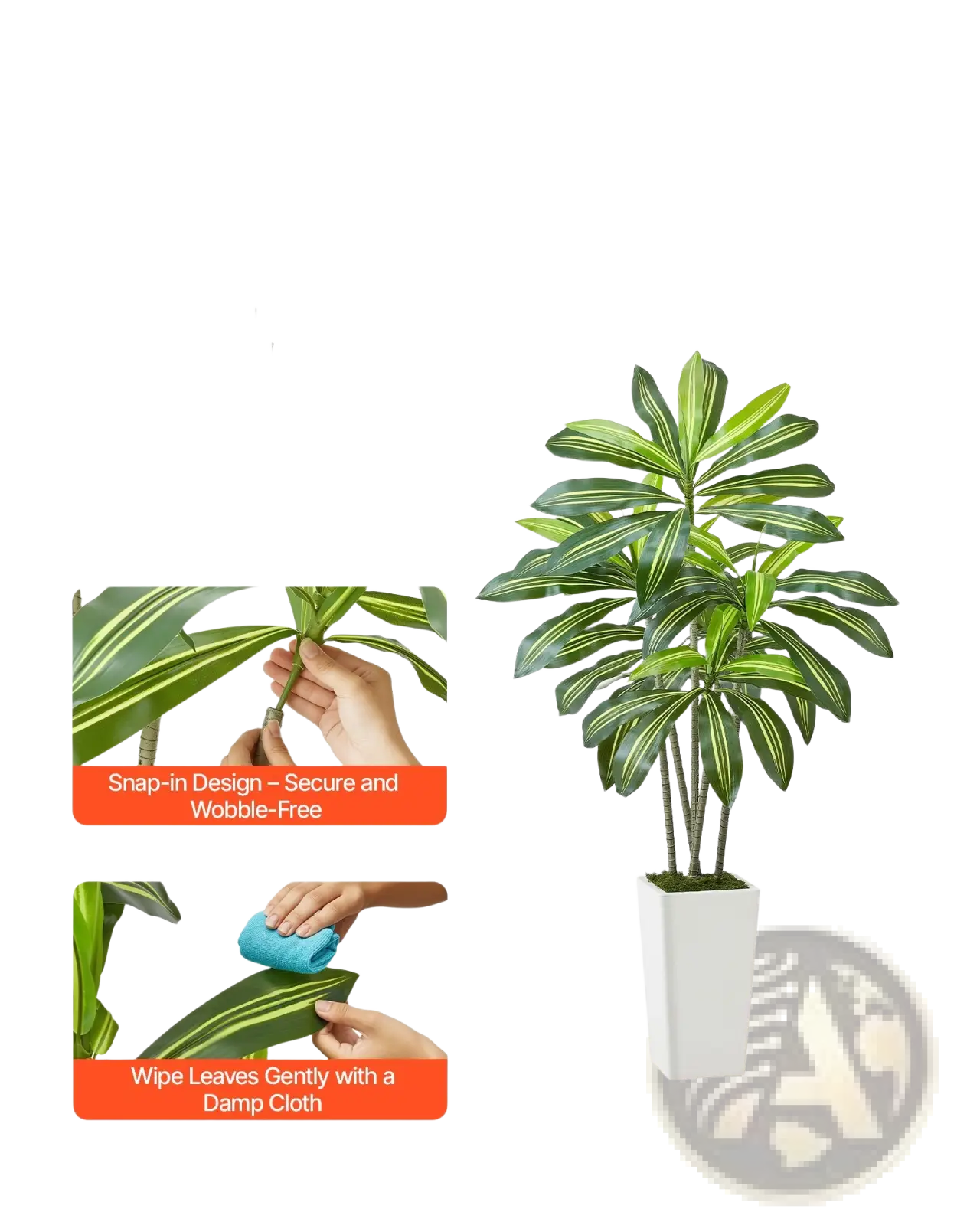 Artificial dracaena tree with long green leaves featuring white stripes in a sleek white snap-in planter 5 ft tall